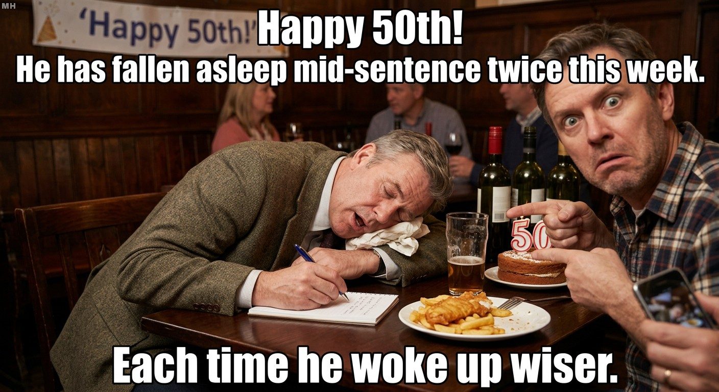 Asleep Mid-Sentence, Woke Up Wiser, Hilarious 50th Meme For Him