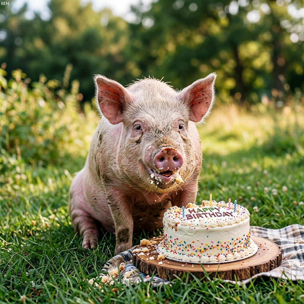 Pig Sitting Near Birthday Cake