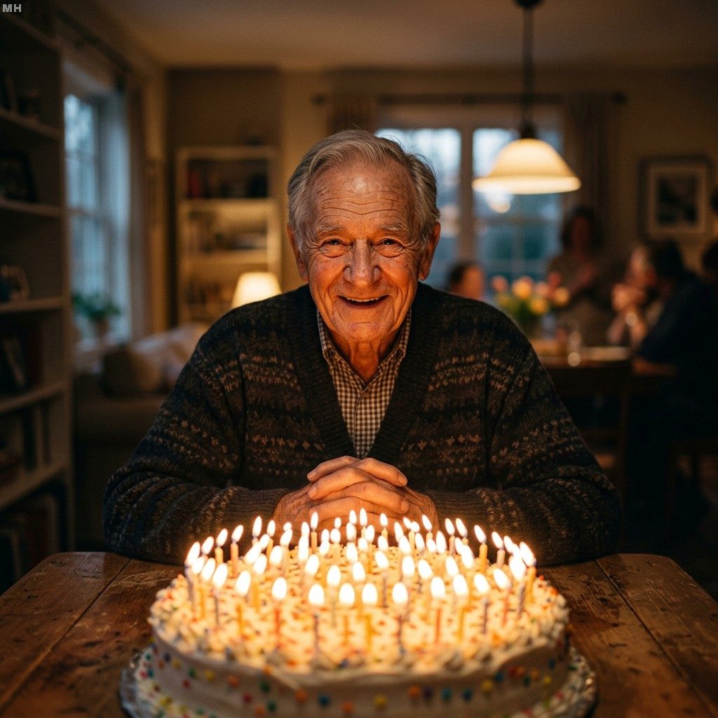 Elderly Man Sitting In Front Of A Large Birthday Cake