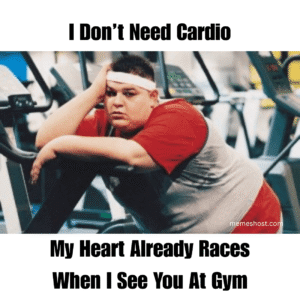 a blushing person on a treadmill looking at their crush across the gym