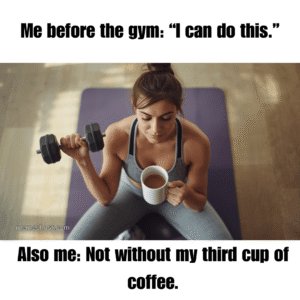 Gym sitting on gym matt holding coffee mug and dumbbell