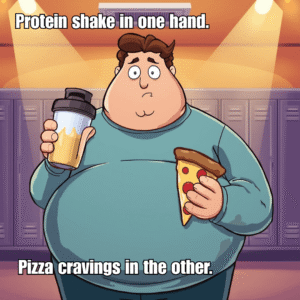 Protein shake in one hand.