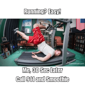 A person on a treadmill gasping for air after a short run, dramatic face, gym background, cartoon-style humor.