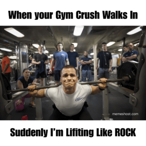 A person in a gym pretending to lift heavy weights while glancing at someone attractive, bright gym background, funny, flirty vibe.